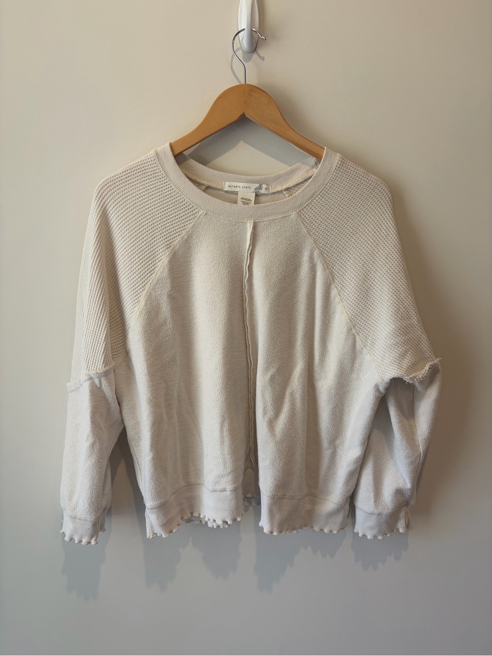 Altar'd State Cream Waffle-Knit Raw-Edge Pullover